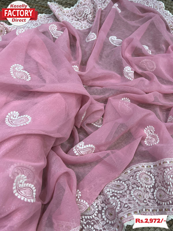 Pink Shimmer Silk Saree With Chikankari Work