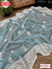 Sky Blue Shimmer Silk Saree With Chikankari Work