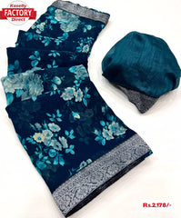 Navy Blue Floral Saree With Zari Weaving Border