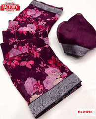Wine Floral Saree With Zari Weaving Border