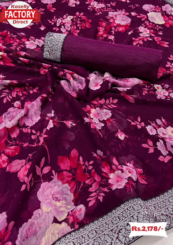Wine Floral Saree With Zari Weaving Border