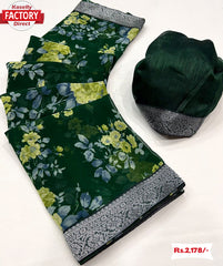 Green Floral Saree With Zari Weaving Border