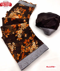 Brown Floral Saree With Zari Weaving Border