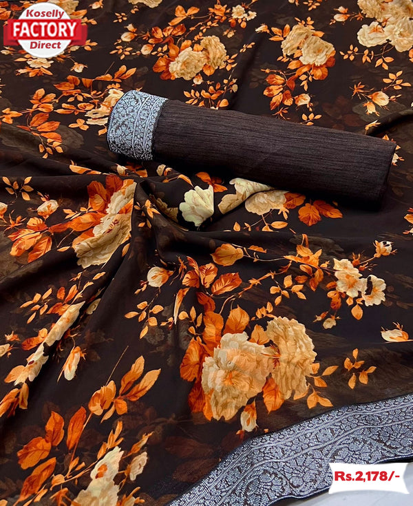 Brown Floral Saree With Zari Weaving Border