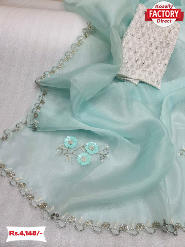 Sky Blue Pure Organza Handwork Saree