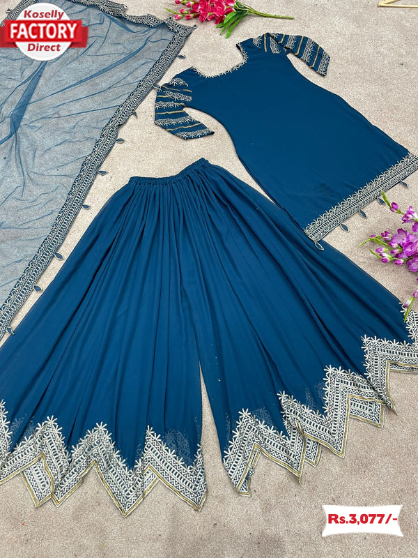 Teal Blue Designer Kurtha Sharara Dupatta Set