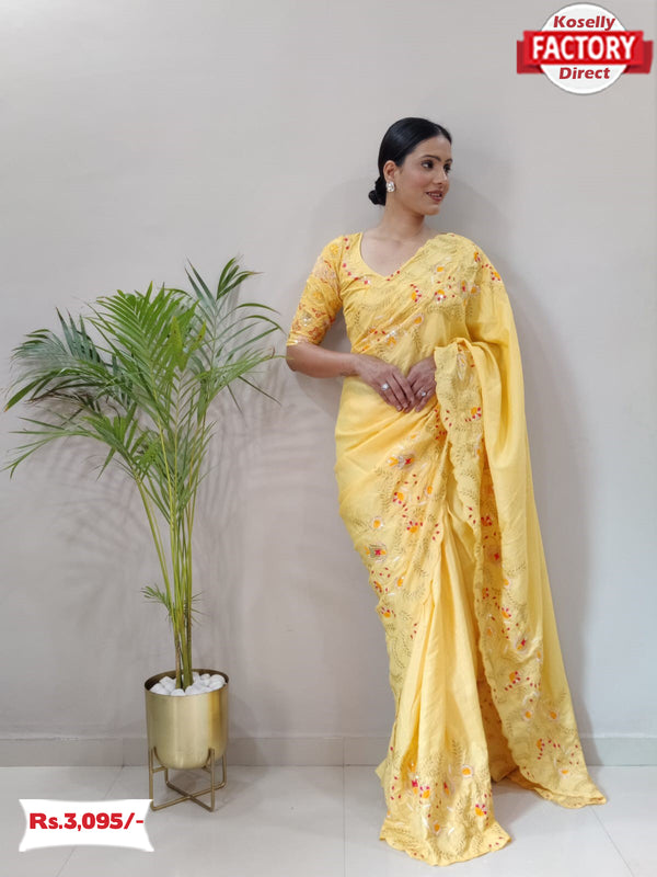 Yellow Dola Silk Saree With Embroidery Work and Belt