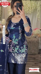 Navy Blue Partywear Kurtha Pant Dupatta Set