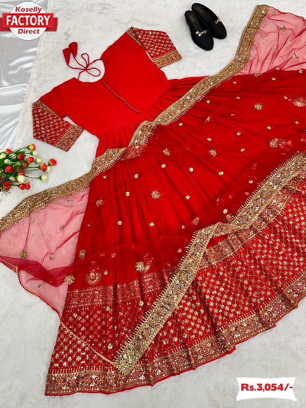 Red Embroidered Gown Dupatta Set