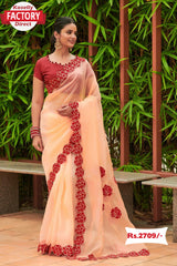 Peach Organza Designer Saree with Red Rose Border