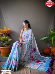 Floral Linen Check Saree