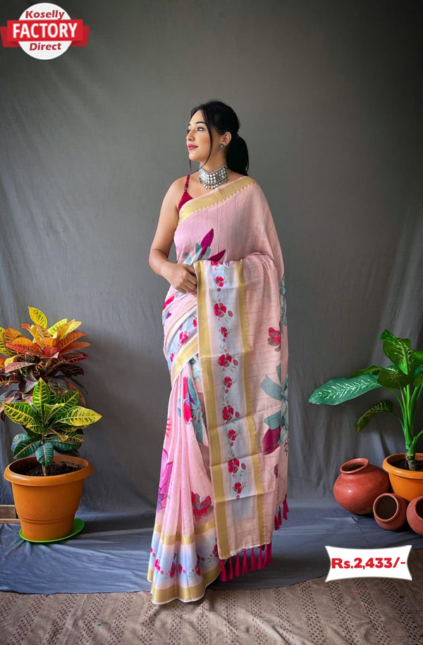 Floral Linen Check Saree