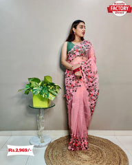 Peach Organza Embroidered Designer Saree
