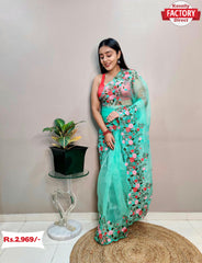 Sea Blue Organza Embroidered Designer Saree