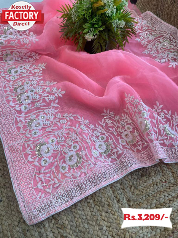 Baby Pink Kashmiri Work Partywear Saree