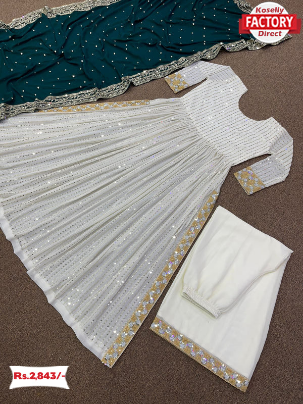 White Partywear Long Kurtha Pant Dupatta Set