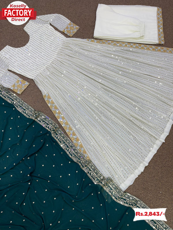 White Partywear Long Kurtha Pant Dupatta Set