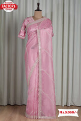 Baby Pink Sequins And Zari Worked Partywear Saree