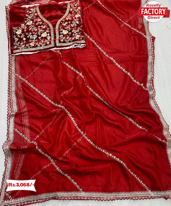 Red Sequins And Zari Worked Partywear Saree