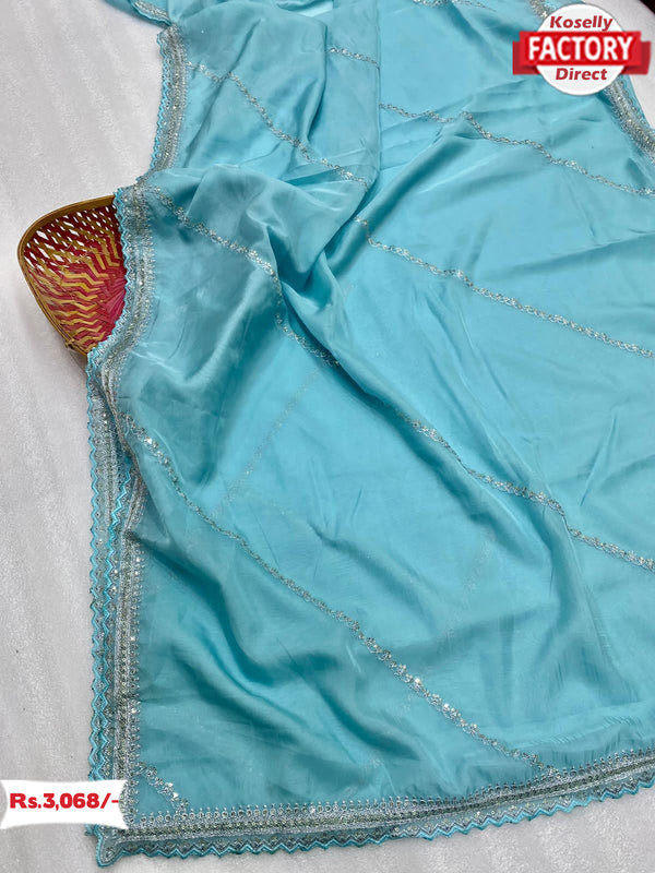 Sky Blue Sequins And Zari Worked Partywear Saree