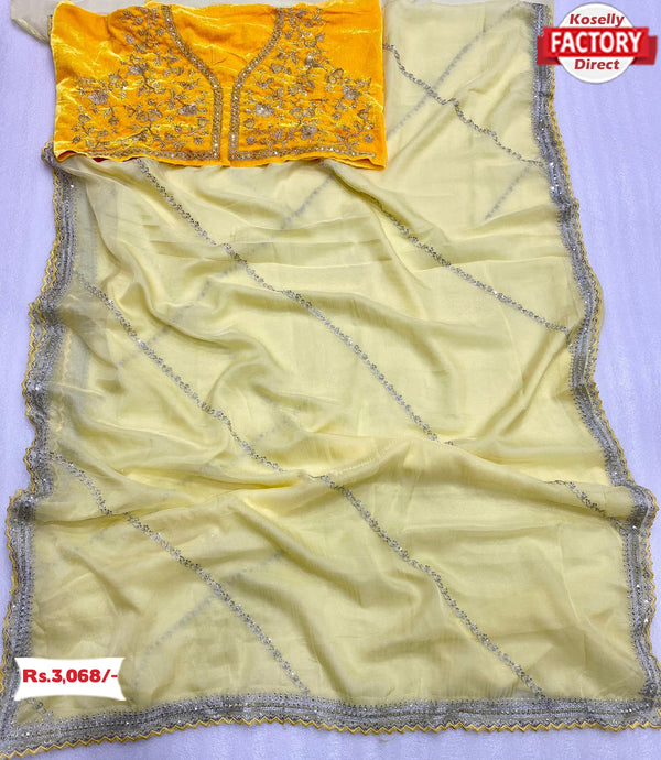 Light Yellow Sequins And Zari Worked Partywear Saree