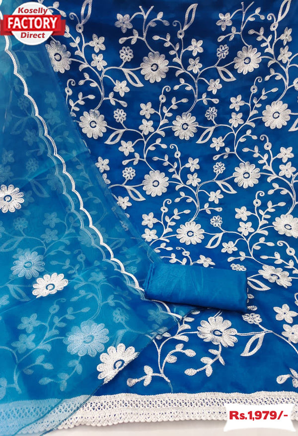 Royal Blue Organza Aari Work Kurtha Suruwal