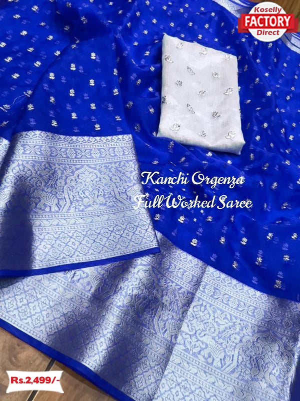 Royal Blue Organza Sequins Work Saree With Banarasi Border