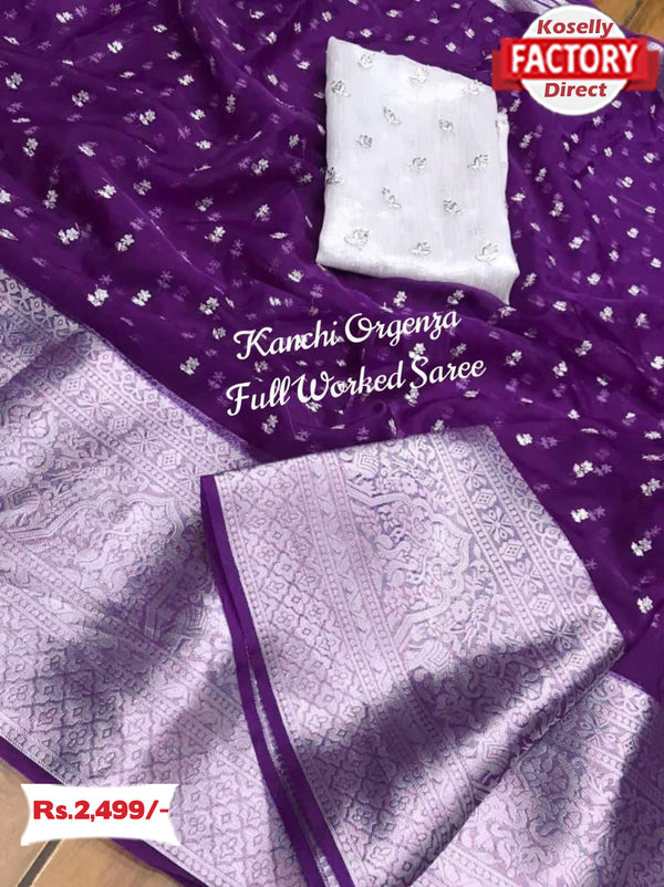 Purple Organza Sequins Work Saree With Banarasi Border