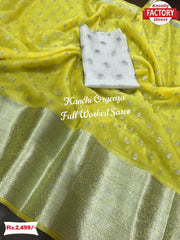 Yellow Organza Sequins Work Saree With Banarasi Border