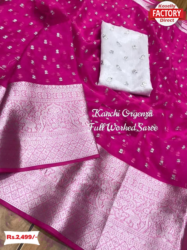 Hot Pink Organza Sequins Work Saree With Banarasi Border