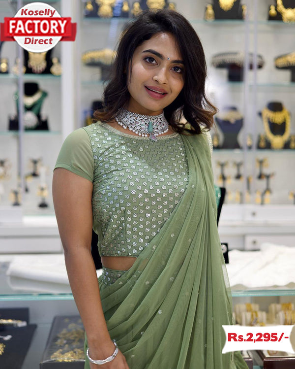 Sage Green Georgette Saree With Stitched Blouse