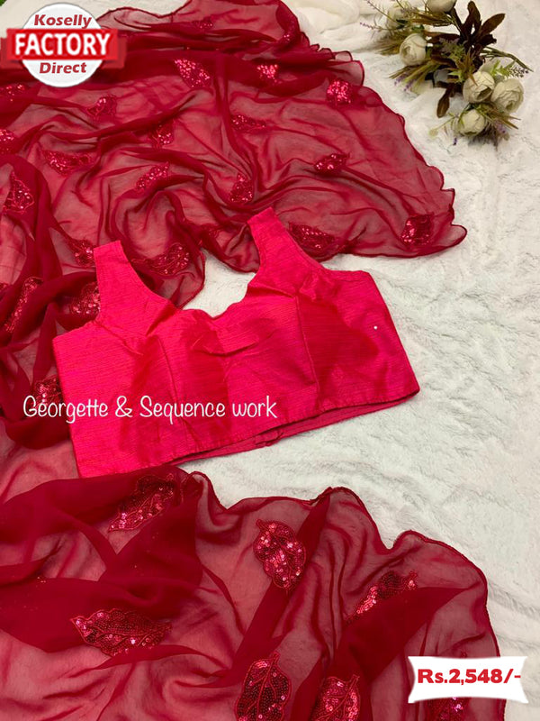 Pink Georgette Saree With Leaf Sequins Work