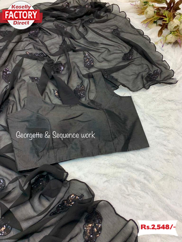Black Georgette Saree With Leaf Sequins Work