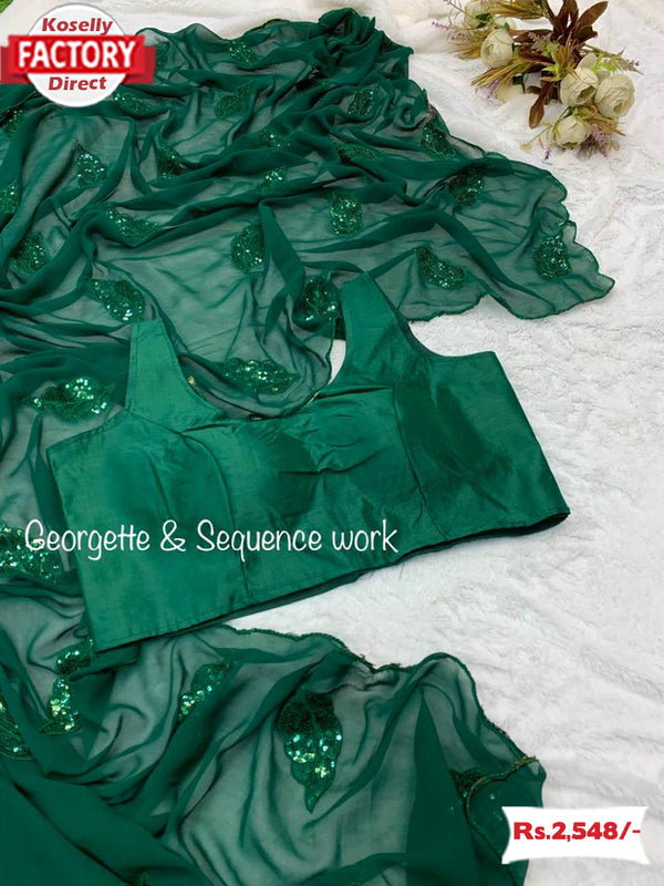 Green Georgette Saree With Leaf Sequins Work