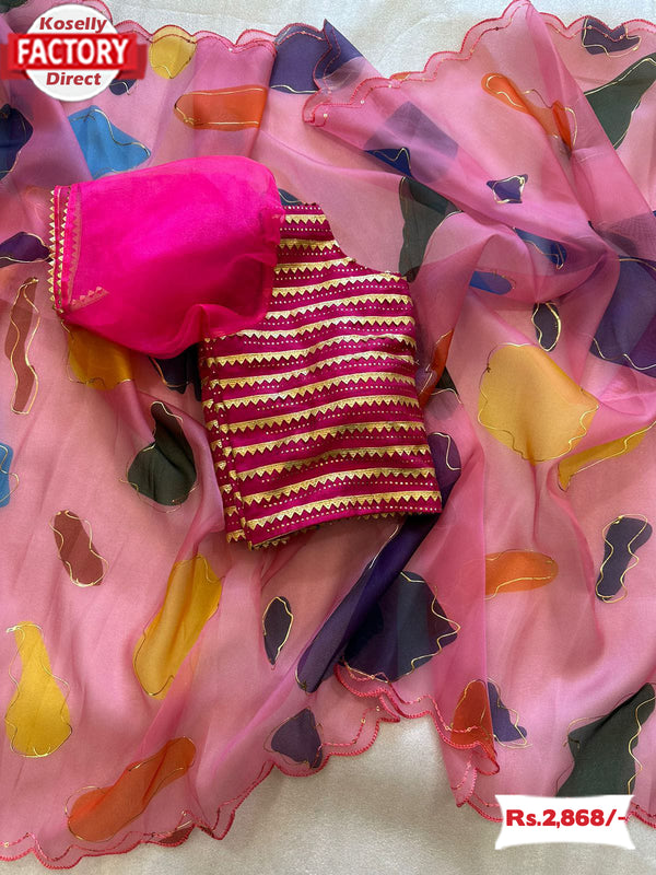 Pink Pure Organza Saree With Stitched Blouse