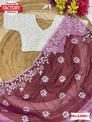 Wine Pure Organza Embroidered Fancy Saree