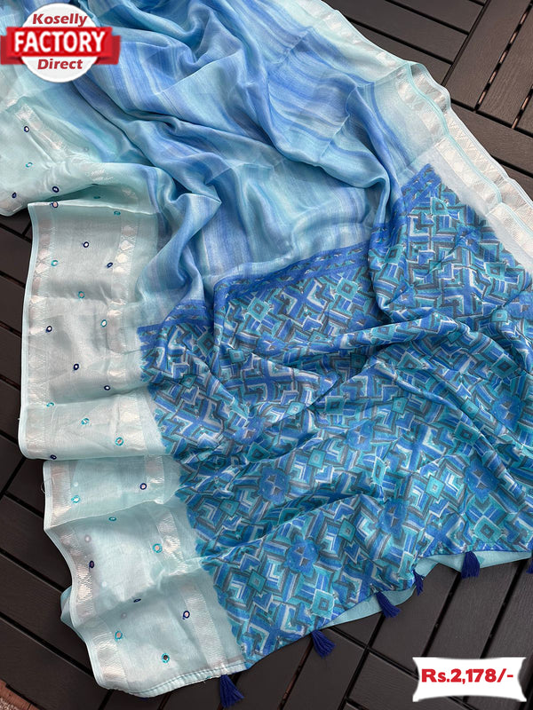 Blue Soft Organza Mirror Work Saree