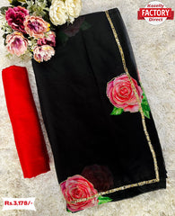 Black Georgette Floral Handworked Saree