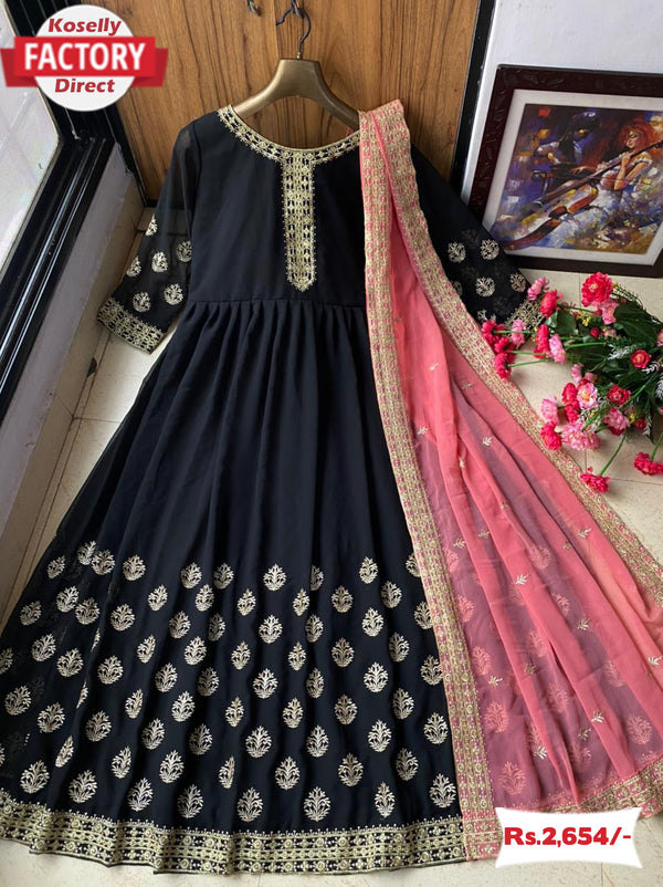 Black Embroidered Anarkali Gown with Fancy Dupatta