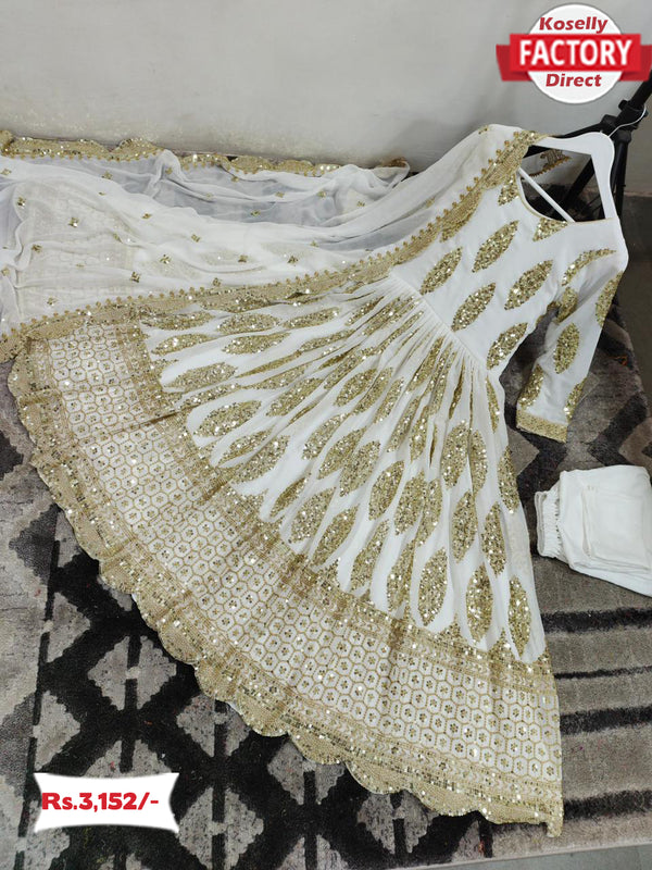White Embroidered Partywear Gown Dupatta Set