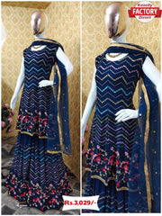 Deep Blue Designer Kurtha Sharara Dupatta Set