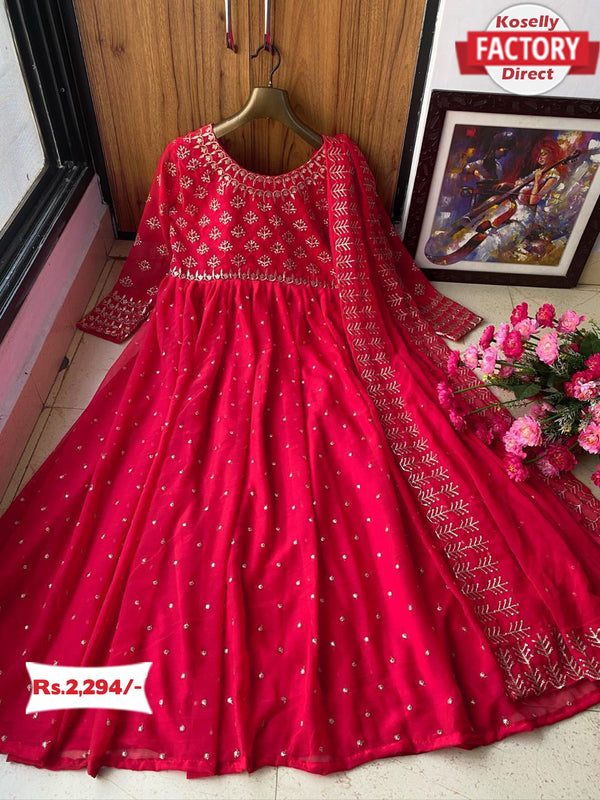 Red Embroidered Gown with Embroidered Dupatta
