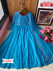 Royal Blue Embroidered Gown with Embroidered Dupatta