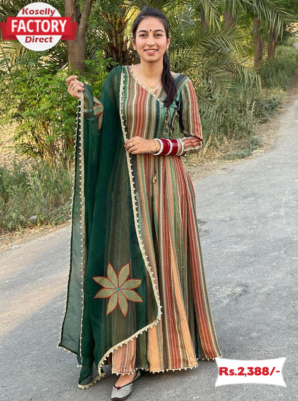 Green Multicolor Gown with Fancy Dupatta