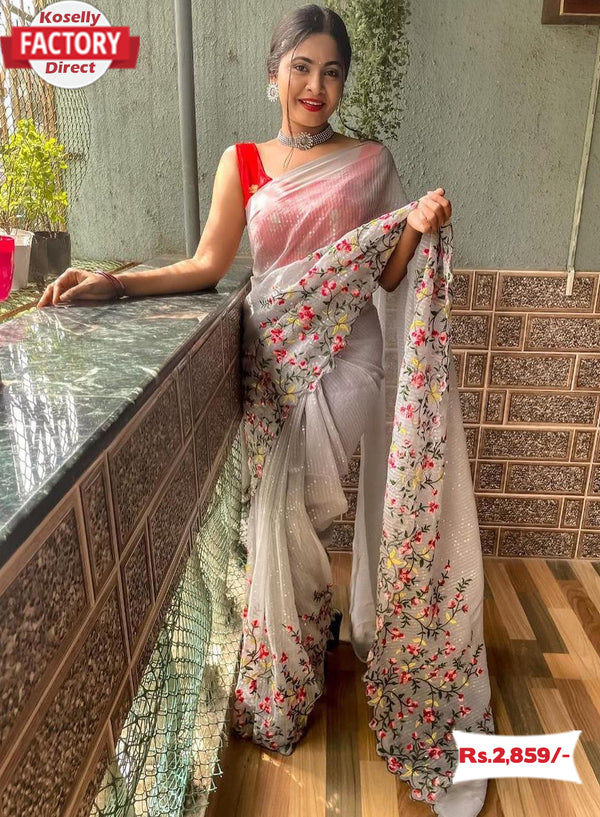 Grey Georgette Sequins and Kashmiri Worked Saree