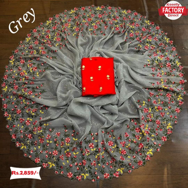 Grey Georgette Sequins and Kashmiri Worked Saree
