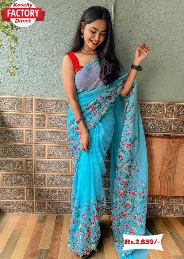 Sky Blue Georgette Sequins and Kashmiri Worked Saree