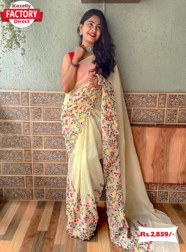 Off-white Georgette Sequins and Kashmiri Worked Saree