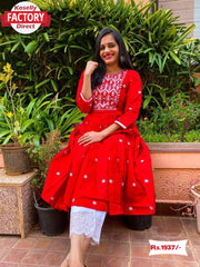 Red Embroidery Kurtha Pant Set