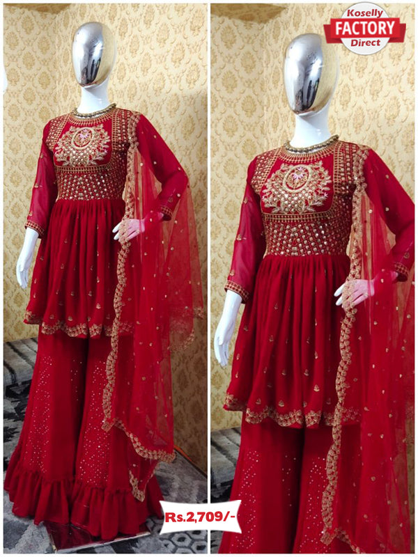 Red Designer Kurtha Sharara Dupatta Set